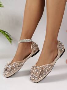 Women's Simple Pearl Rhinestone Bow Decor Casual Flat Slip-On Loafer Shoes, Spring/Summer - Gold - View 3
