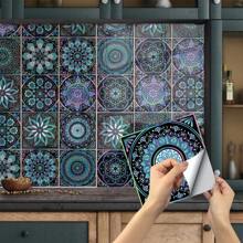 10pcs/Set Medium Size Diverse Mandala Pattern Tile Stickers For Kitchen, Waterproof Oil Proof Retro Peel & Stick Tile, 15x15cm - Blue - View 1