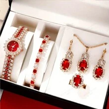 6 cái/bộ Của phụ nữ Đúng mốt Đỏ  Pha lê Thạch anh Đồng hồ đeo tay Với Thép Dây đeo + Phụ kiện , Năm mới Qủa tặng - Đỏ - Xem 5