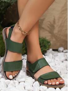 Fashionable Summer Women's Flat Sandals With Soft Soles, Open Toe, Wide Straps, Elastic Back And Side Cutouts For Plus Size Women, Outdoor Slip-On Shoes - Green - View 3