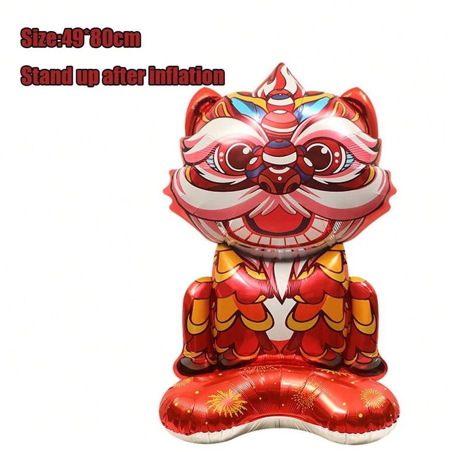 1pc 40*80cm 4d Inflatable Balloon For New Year's Day, Spring Festival Decoration & Photo Prop - Standing 3d Cartoon Wealth God & Lion Dance Design - Red - View 1