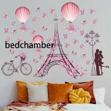 1pc Pink Eiffel Tower & Bicycle & Couples Illustration Simple & Beautiful Wall Sticker - Tower Stickers - View 3