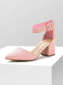 Women Pointed Toe Low Chunky Heels Pumps Ankle Strap Elegant Versatile Simple Shoes - 粉色 - 查看 2