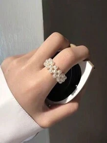 1pc Triple/Quintuple Row Pearl Adjustable Ring Suitable For Women's Daily Wear - White - View 6
