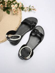 歐美大尺碼女士珍珠開擊拖鞋,夏季休閒時尚戶外海灘穿搭 - 黑色 - 查看 6