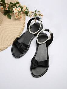 歐美大尺碼女士珍珠開擊拖鞋,夏季休閒時尚戶外海灘穿搭 - 黑色 - 查看 5