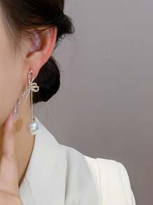 1pair High-End Luxurious Faux Pearl & Rhinestone Decor Butterfly Shaped Dangle Earrings For Women, Fashionable & Personalized Ear Studs - Yellow Gold - View 5