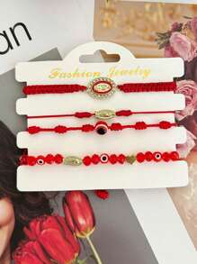 4Pcs/Set Matching Couple Bracelet Red Braided Pink String Evil Eye Heart Charm Lucky Bracelets Mexican Braclets Green Rope Bracelet Virgin Mary Amulet Valentines Gift For Women Men Boys & Girls,Mom,Mother,Mother's Day,Gift