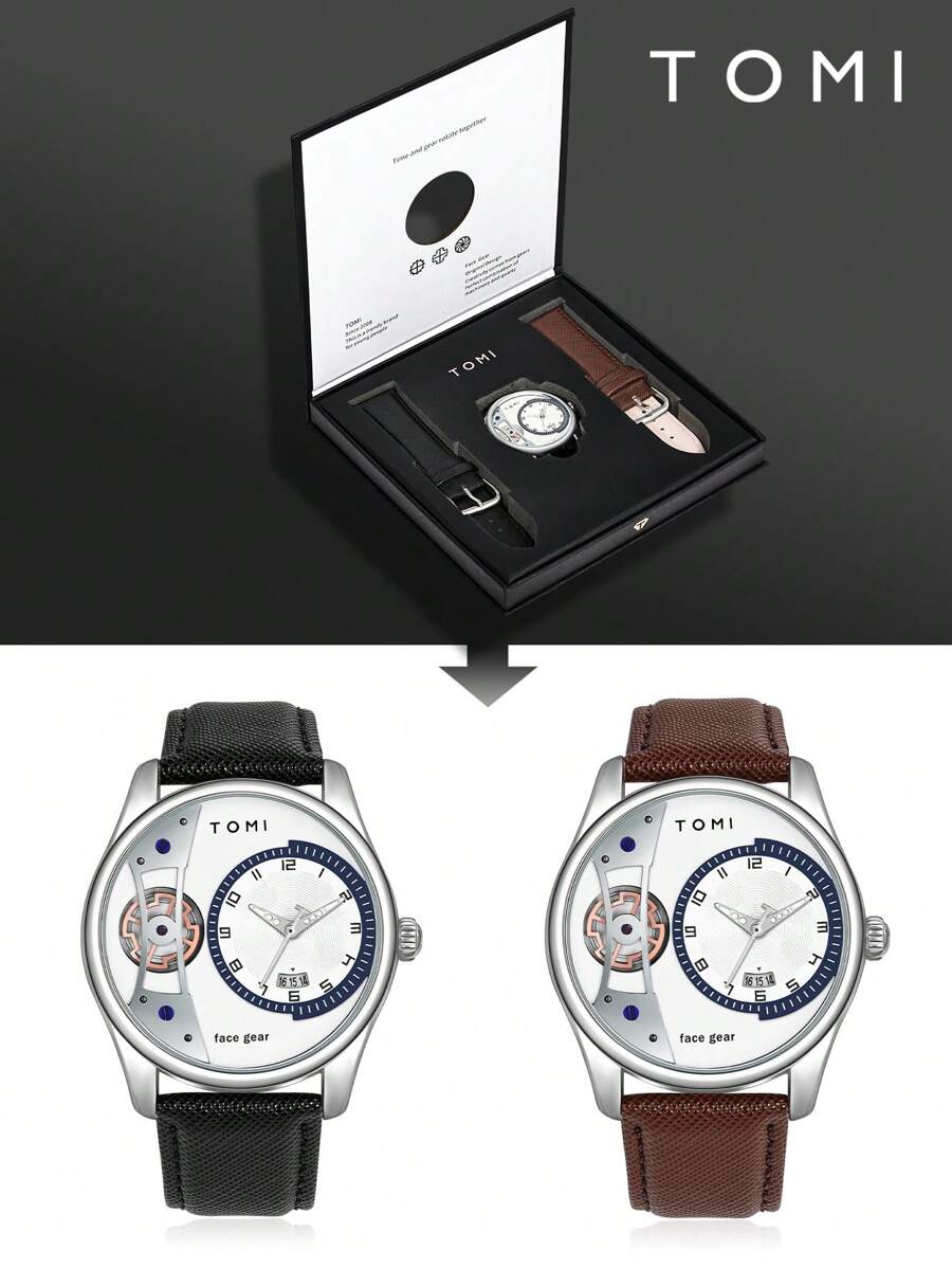 Tomi 石英男士手表，带旋转齿轮秒针和替换表带，礼盒装，适合日常佩戴和节日，可作为返校学生的礼物 - 棕色 - 查看 1