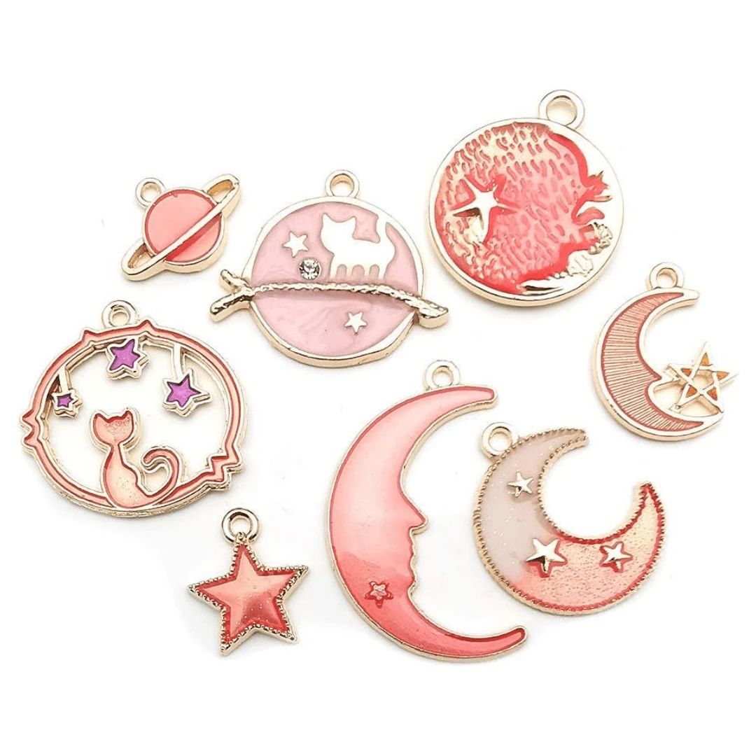 8入組多款金鍍琺瑯貓月星天體吊墜,diy 耳環、項鍊、手鍊首飾製作與工藝 - 粉色 - 查看 1