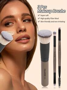 MAANGE 3 Stück professionelles Gesichtsbürsteset mit Transportkoffer, Foundation Pinsel, Wimpern- & Augenbrauenpinsel, Blending- & Lidschattenpinsel, Make-up Werkzeuge mit weichen Fasern für einfachen Transport, Pinsel für unterwegs