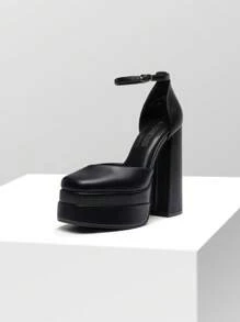 Women High Chunky Platform Closed Toe Block Heels Square Toe Ankle Strap Dress Wedding Party Festival Prom Pumps Shoes - màu đen - Xem 6