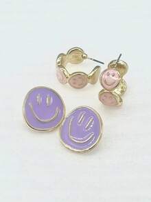 2 對/套時尚鋅合金可愛笑臉耳環和圈形耳環 - 彩色 - 查看 3