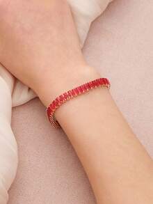 1只女性簡潔精美的t型立方氧化鋯手鏈,適用於新娘、伴娘、嘉賓 - 紅色 - 查看 2