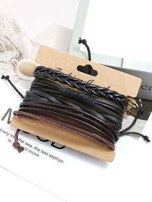 4入組多層編織皮革手鍊diy組合皮革手環 - 黑色 - 查看 3