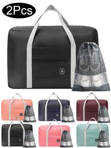 2入組可摺疊防水行旅袋,女士/男士帆布週末旅行袋,可上飛機手提袋且可裝在推車手柄上 (旅行袋+鞋袋) 健身袋大包過夜包運動包學校包度假包均可