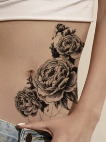 1入組臨時紋身貼帶黑色玫瑰,流蘇吊墜&大花朵設計適用於手臂,胸部,後身體裝飾 - 黑色 - 查看 4