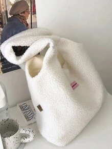 可愛的毛絨肩托手提袋,大容量順口袋,女款蓬鬆手提袋和購物袋,適用於冬季 - 米色 - 查看 3