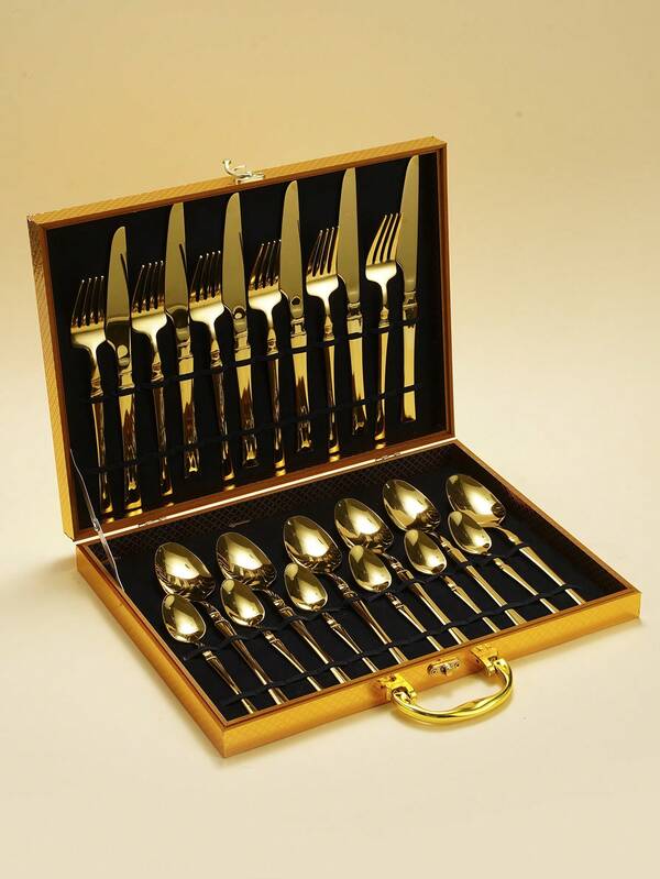 24pcs GoldPlated Cutlery Set In CurvedWaist Style Gift Box SHEIN USA