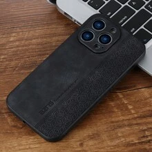 1pc Black Grid Embossed Texture Leather Phone Case With Camera Protection Compatible With IPhone, Anti-Falling - Black - View 3
