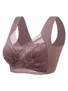 Sujetador sin aros de encaje con ribete, sin costuras, de alta elasticidad, color marrón para mujer