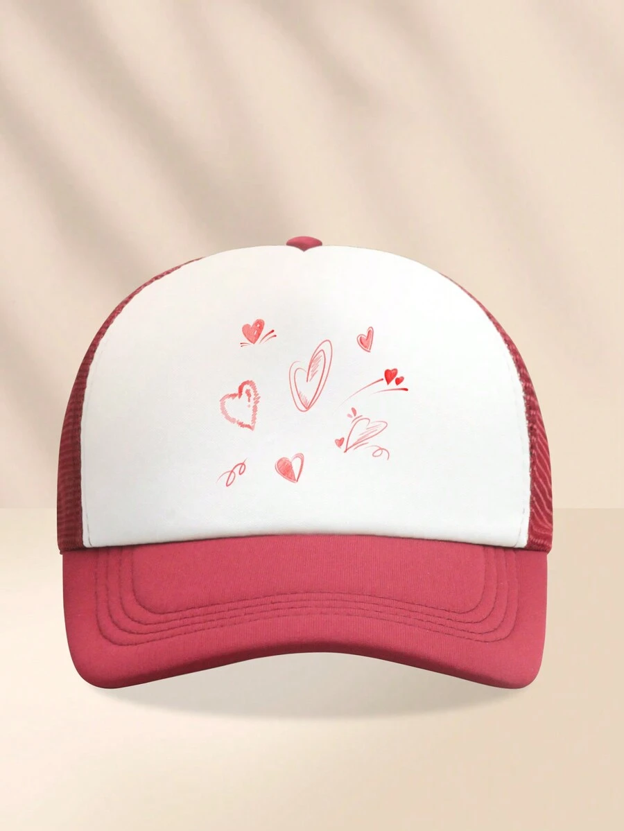 男女通用520情人節小愛心組合可調印花棒球網帽1件。透氣網狀帽子,適合四季戶外休閒穿著 - 酒紅白色 - 查看 1