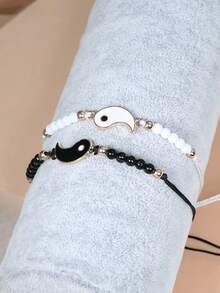 2pcs Yin Yang 8 Diagrams Diy Adjustable Couple Bracelets, Fashionable Simple & Versatile Personalized Gifts For Festival - Black and White - View 5