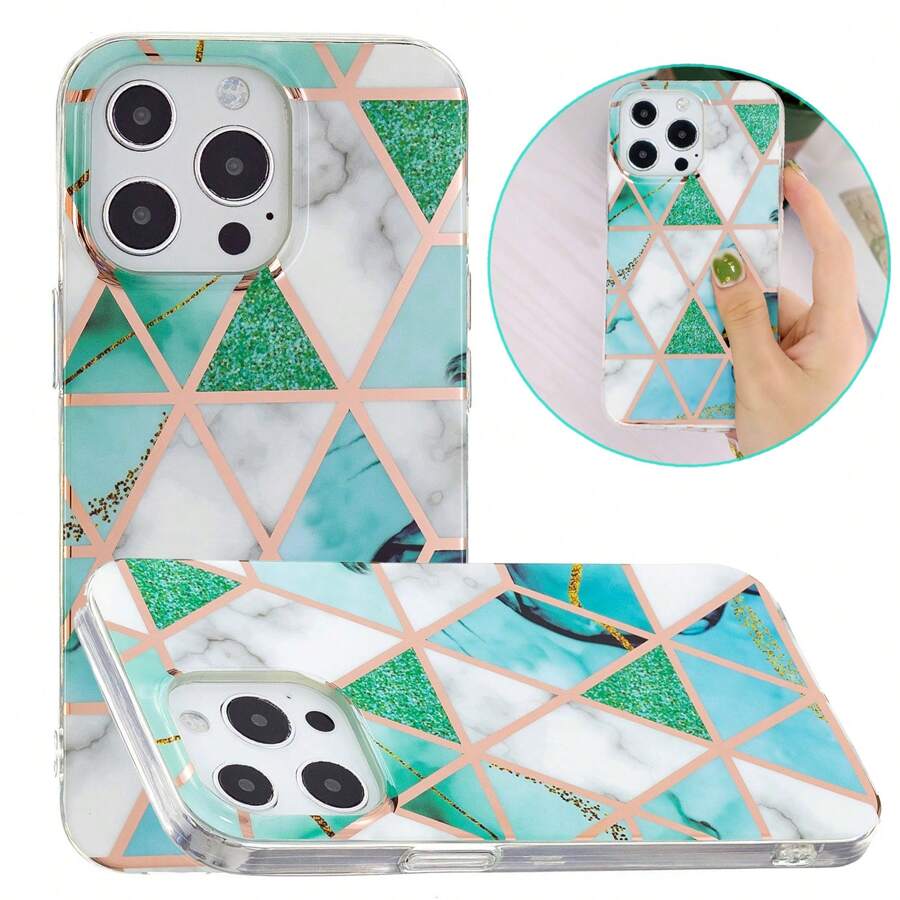 Rose Gold Plated Marble Pattern Protective Phone Case, Green & White - Multicolor - View 1