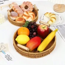 編織柳條水果籃麵包籃,雙手柄家用收納籃 - 駝色 - 查看 4