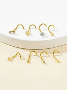SENLANSP 8pcs Stainless Steel Basic Simple Spiral Nose Ring Set - Yellow Gold - View 1