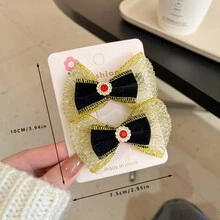 1pair Kids' Hair Clips With Rhinestone Crown, Double Layered Velvet & Lace & Red Bowknot With Long Ribbon, Princess Style Hair Accessories For Girls - Multicolor - View 2