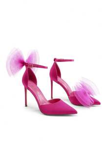 Women High Heels Strappy Closed Toe Stiletto Pointed Toe Mesh Bows Ankle Strap D'Orsay Prom Wedding Party Pumps Shoes Valentines