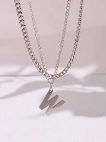 1pc Silver-Colored Alloy Fashionable Double-Layer Chain W Alphabet Pendant Necklace, Women's Versatile Jewelry - Multicolor - View 1