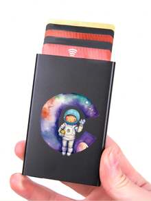 Aluminum Card Holder Rfid Credit Card Holder Smart Quick Release Pop-Up Card Box Dad Gifts Business Slim ID Card Credit Card Cover Initial Name A To Z Letter Flower Print - Black - View 8