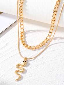 1pc Fashionable Metallic Snake Pendant Multilayer Necklace, Suitable For Women's Daily Wear - Gold - View 2