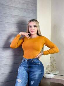ROUND NECK Thermal Blouse - Mustard Yellow - View 2