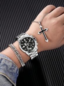 SOKI SOKI 一套男士腕表，商务休闲时尚日历款，不锈钢表带，石英机芯，可拆卸钢表带和吊坠项链，链手链套装，适合日常佩戴、生日礼物、派对、节日聚会，是送给自己或朋友的理想礼物。不含包装盒。 - 銀色 - 查看 2