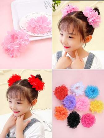 2pcs Kids' Floral Hair Ties, Elastic Hair Ties With High Elasticity And Durability, Suitable For Little Girls' Top Knot Hairstyles