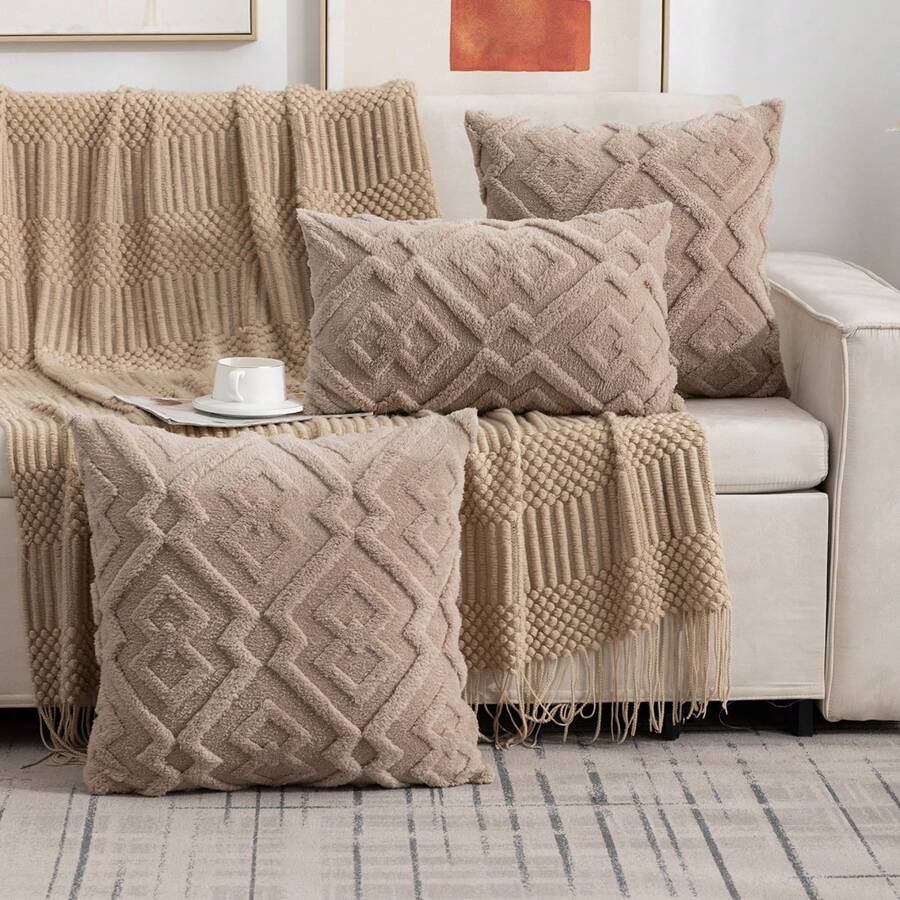 1pc Geometric Plush Cushion Cover Without Pillow Core, Bohemian Style For Living Room Bedroom Home Decoration All Seasons Pillow Case - Khaki - View 1