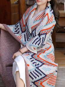 1pc Women's Knitted Shawl Cape Poncho With Retro Pattern, Tassel Scarf, Holiday Outfit - Multicolor - View 2