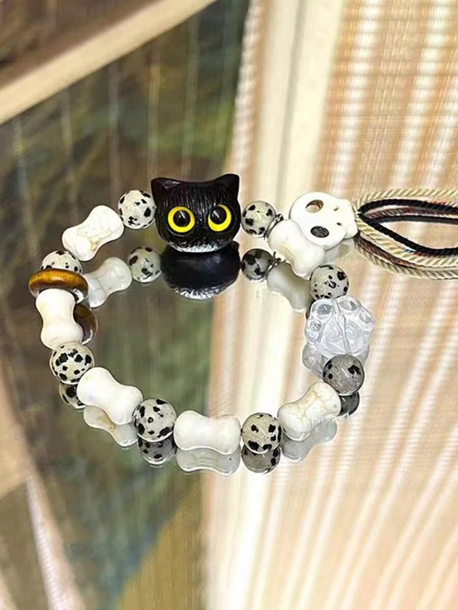 1pc Dopamine Halloween Novelty Cat Shaped Ceramic Beaded Bracelet With 3d Eyes, Korean Style - Multicolor - View 1