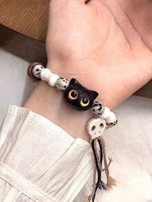 1pc Dopamine Halloween Novelty Cat Shaped Ceramic Beaded Bracelet With 3d Eyes, Korean Style - Multicolor - View 2