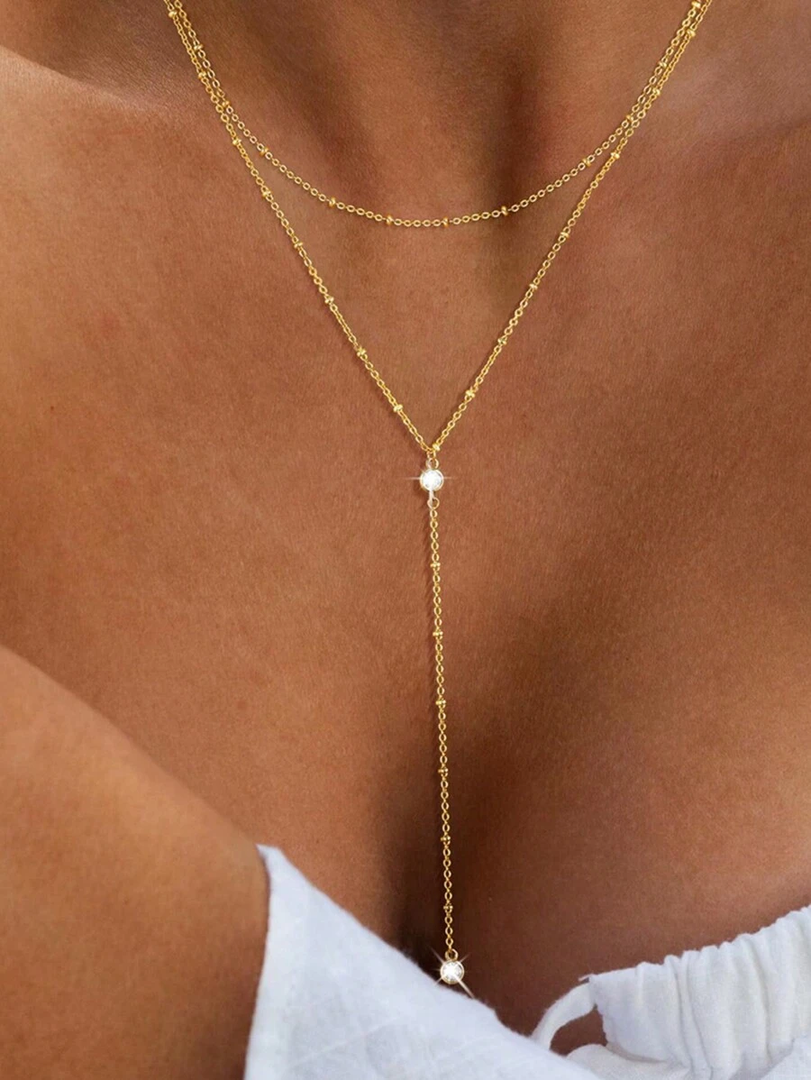 1pc European And American Style Y-Shaped Double-Layered Women Necklace With Rhinestone, Long Tassel Sweater Chain, Unique Lip Chain For Collarbone - Gold - View 1