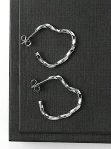 1pair Stainless Steel Twisted Heart Shaped Stud Earrings, Perfect For Men And Women'S Daily Wear - Silver - View 4