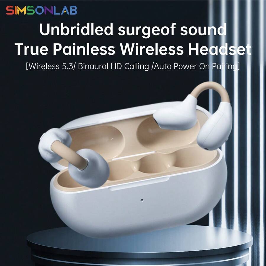 SIMSONLAB Simsonlab True Wireless Bone Conduction Earphones With Clip, Open Ear Style, Hd Sound Quality, 5.3, Zero Game Delay, Enhanced Bass, Long Battery Life, Auto Connect, Suitable For Phone Call, Gaming, Cycling, Running And Workout, Unisex