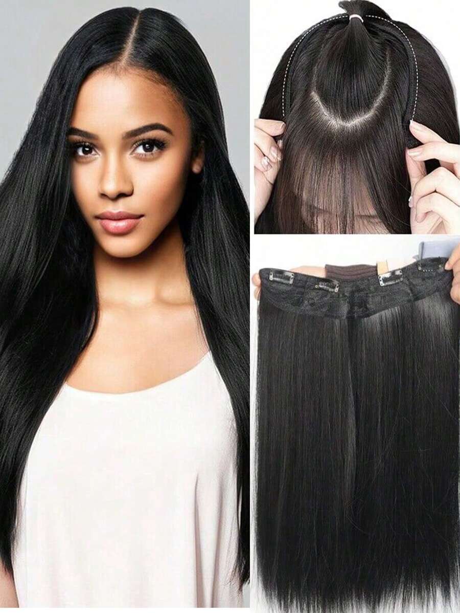 剪夾式假髮，16-32英寸長直黑金棕色V字形接髮，4個夾子隱形合成纖維防熱假髮