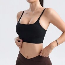 1件女士健身背心,運動內衣含胸墊,快乾、透氣、吸汗、貼身剪裁、開背設計,適合休閒和室外瑜珈上衣 - 黑色 - 查看 4