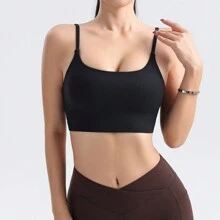 1件女士健身背心,運動內衣含胸墊,快乾、透氣、吸汗、貼身剪裁、開背設計,適合休閒和室外瑜珈上衣 - 黑色 - 查看 5