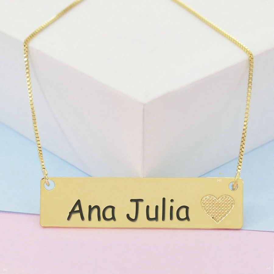 Colar Semijoia Chapinha Coração Gravação Personalizada Nome Ana Julia Banhado Ouro 18K - 999006236