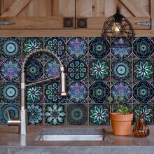 10pcs/Set Medium Size Diverse Mandala Pattern Tile Stickers For Kitchen, Waterproof Oil Proof Retro Peel & Stick Tile, 15x15cm - Blue - View 7